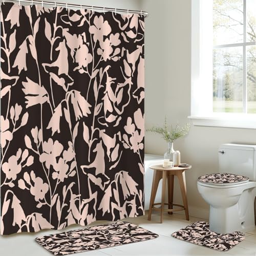 4 Piece Shower Curtain Set with Floral Pattern