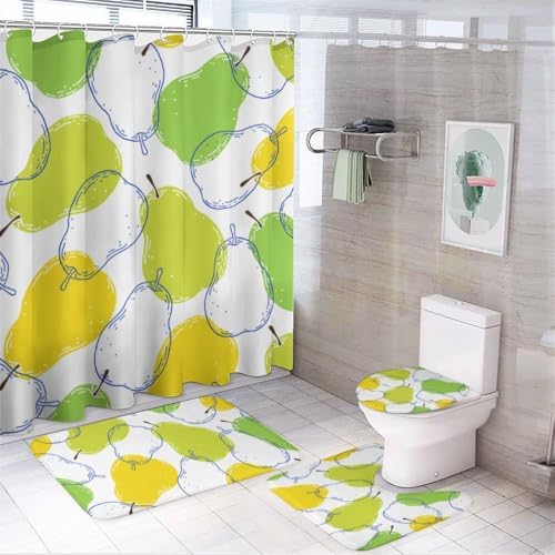 Kuizee 4-Piece Shower Curtain Set with Non-Slip Rugs Pear Fruits Texture