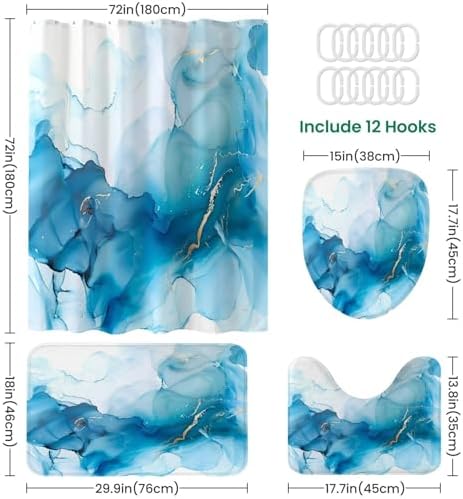 4-Piece Shower Curtain Set with Rugs and Mats Cyan Blue Pattern
