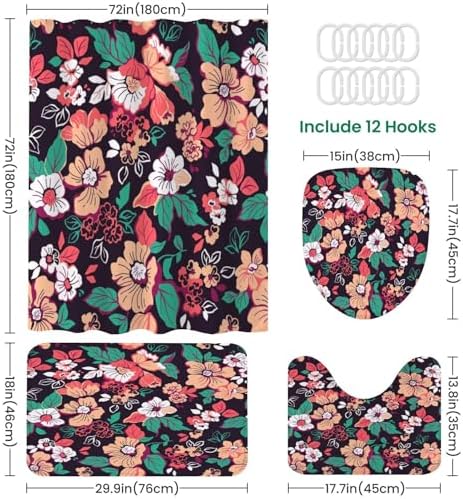 4 Piece Shower Curtain Set with Rugs Mats and Floral Pattern