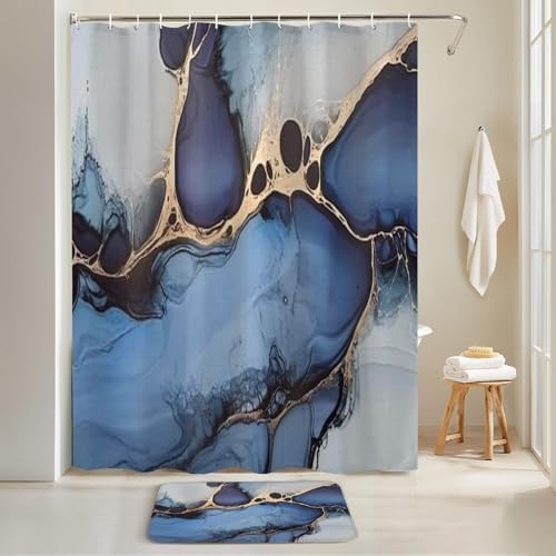 4 Piece Shower Curtain Set with Rugs Mats and Foamy Sprays Pattern
