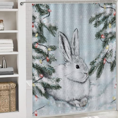 Kuizee 4 Piece White Hare Snow Shower Set with Rugs and 12 Hooks