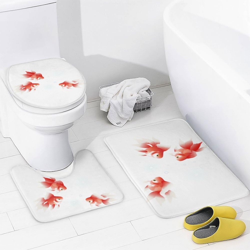 Kuizee 4-Piece Shower Curtain Set with Rugs Red Goldfish Design