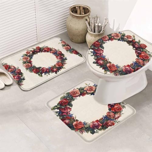 Wotrend Spring 3 Piece Bath Rug Set Red Rose Wreath