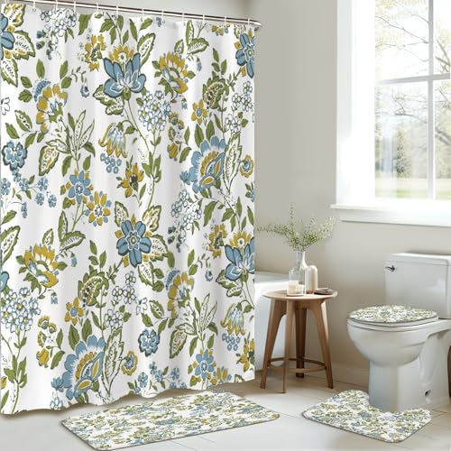 4 Piece Shower Curtain Set with Rugs and Toilet Lid Cover