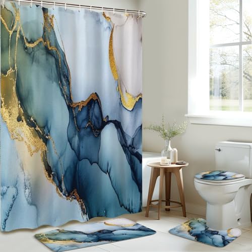 4 Piece Shower Curtain Set with Rugs Mats and Non-Slip Design