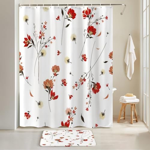 4-Piece Shower Curtain Set with Retro Wild Flowers Pattern