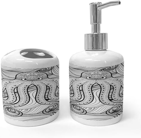 Ambesonne Octopus Soap Dispenser Toothbrush Holder Set Black White 1