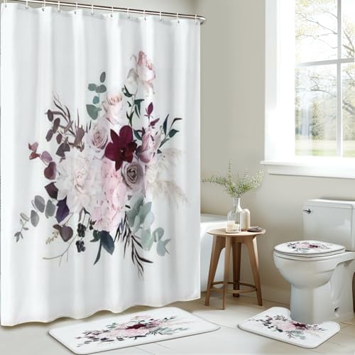 4 Pieces Dusty Pink Shower Curtain Set with Non-Slip Rugs
