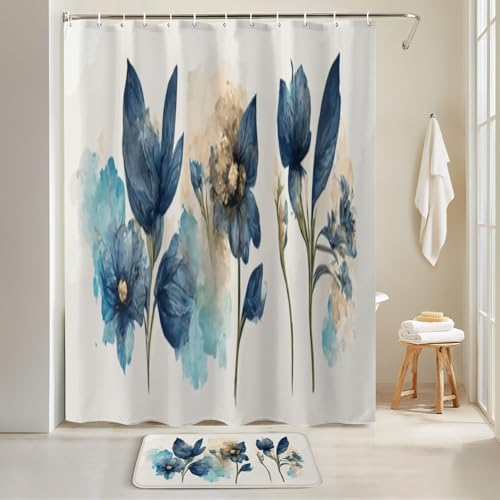 4 Piece Shower Curtain Set with Blue Flowers Design