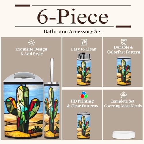 6 Piece Bathroom Accessories Set Stained Glass Cactus Decor