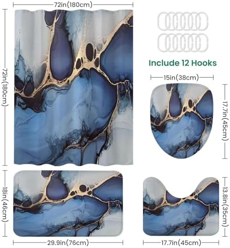 4 Piece Shower Curtain Set with Rugs Mats and Foamy Sprays Pattern