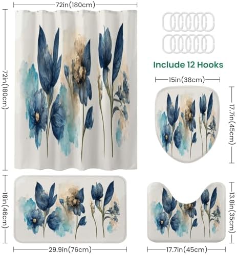 4 Piece Shower Curtain Set with Blue Flowers Design