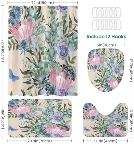 JCOOKLOFTS 4 Piece Shower Curtain Set with Rugs and Mat 1