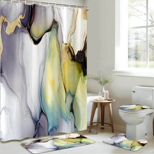 4 Piece Shower Curtain Set with Rugs Mats and HD Pattern