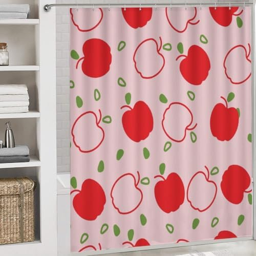 Kuizee 4-Piece Shower Curtain Set with Non-Slip Rugs - Apple Fruit Pink