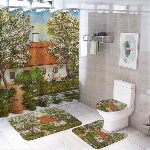 Kuizee 4-Piece Rural Landscape Shower Curtain Set