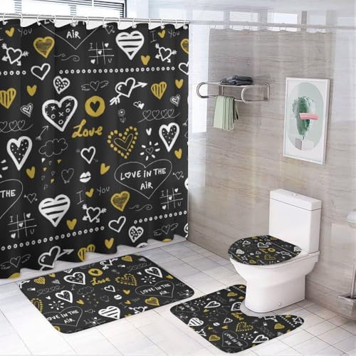 Kuizee 4-Piece Shower Curtain Set with Doodles and Rugs