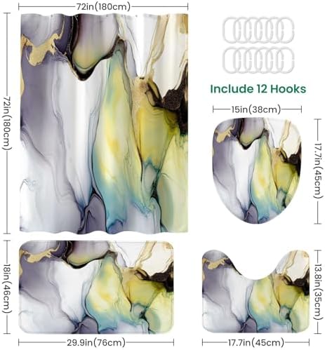 4 Piece Shower Curtain Set with Rugs Mats and HD Pattern