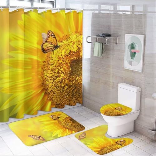 Kuizee 4 Piece Shower Curtain Set with Rugs Sunflower Monarch Butterflies