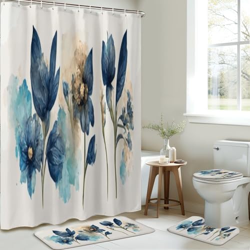 4 Piece Shower Curtain Set with Blue Flowers Design