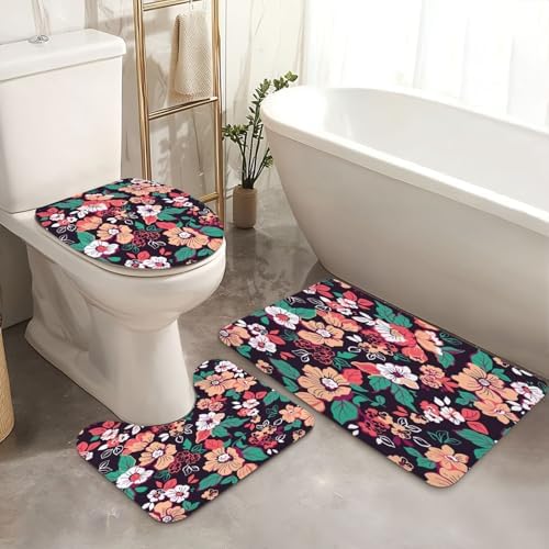 4 Piece Shower Curtain Set with Rugs Mats and Floral Pattern