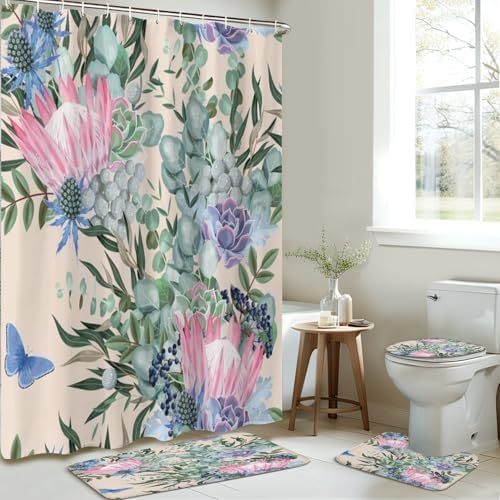 JCOOKLOFTS 4 Piece Shower Curtain Set with Rugs and Mat 1