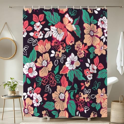 4 Piece Shower Curtain Set with Rugs Mats and Floral Pattern