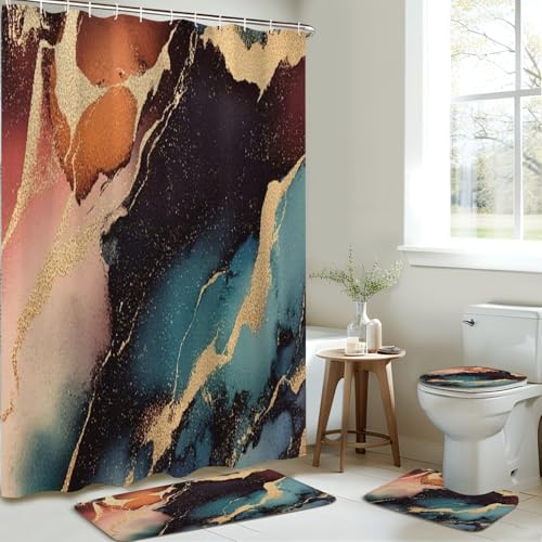 4 Pieces Shower Curtain Set with Non-Slip Mats