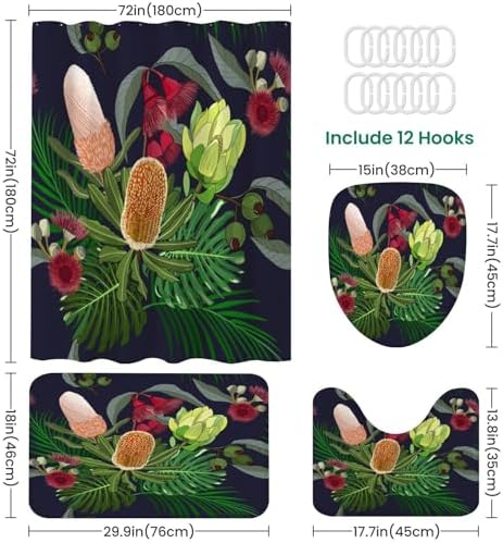 4 Pieces Shower Curtain Set with Rugs and Toilet Lid Cover