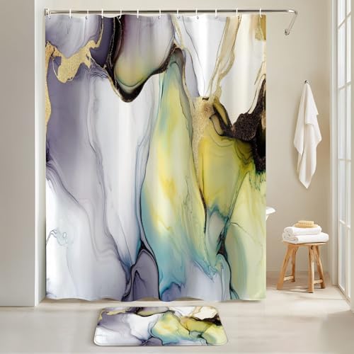 4 Piece Shower Curtain Set with Rugs Mats and HD Pattern