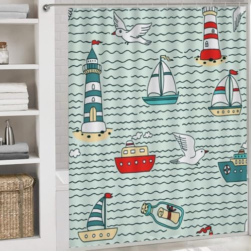 Kuizee 4-Piece Shower Curtain Set with Non-Slip Rugs and Lighthouses Design