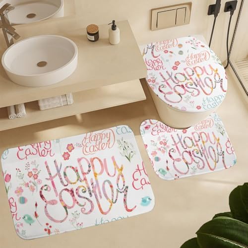 Kuizee 4-Piece Easter Shower Curtain Set with Non-Slip Rugs