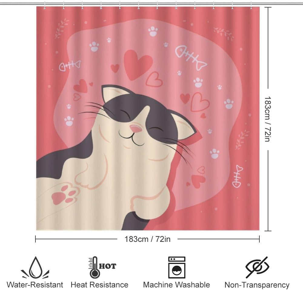 Kuizee 4-Piece Little Cat with Hearts Shower Curtain Set