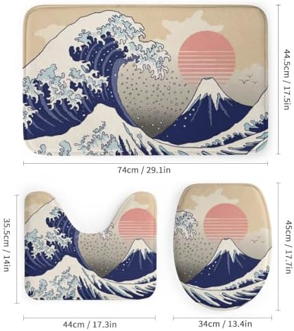 Kuizee 4 Piece Japanese Wave Shower Curtain Set with Non-Slip Mats