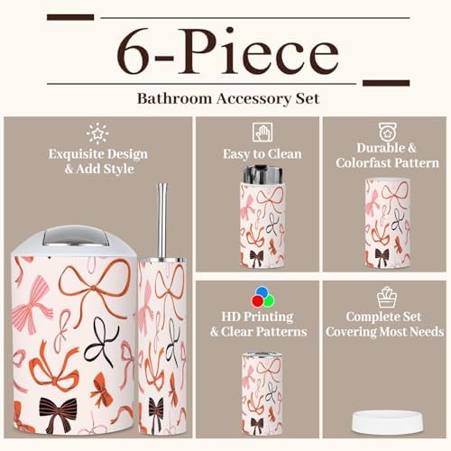 6 Piece Boho Bathroom Accessories Set with Red Bow Knots 1