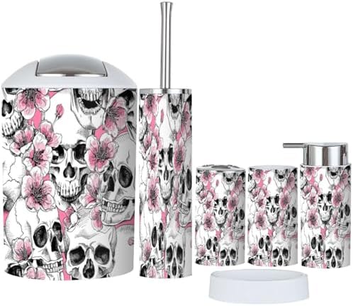 6 Pcs Bathroom Accessories Set Skull Flowers Toothbrush Holder Soap Dispenser