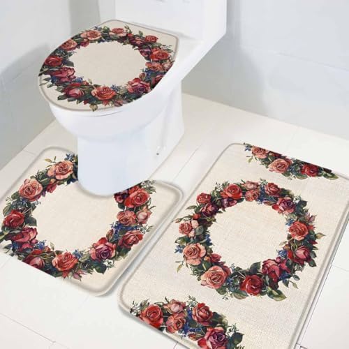 Wotrend Spring 3 Piece Bath Rug Set Red Rose Wreath