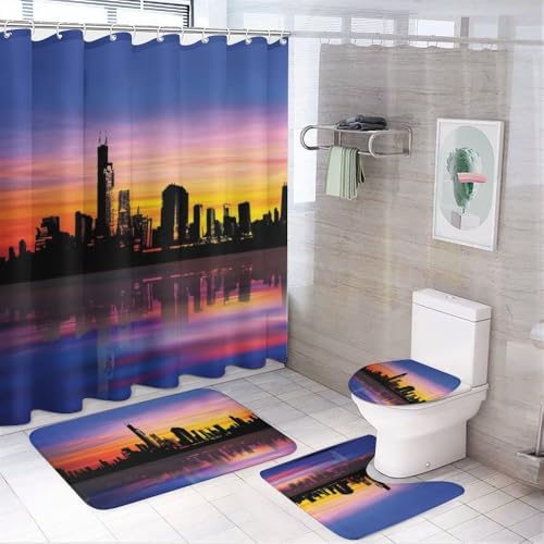 Kuizee 4-Piece Shower Curtain Set with Rugs Modern City Sunset Silhouette