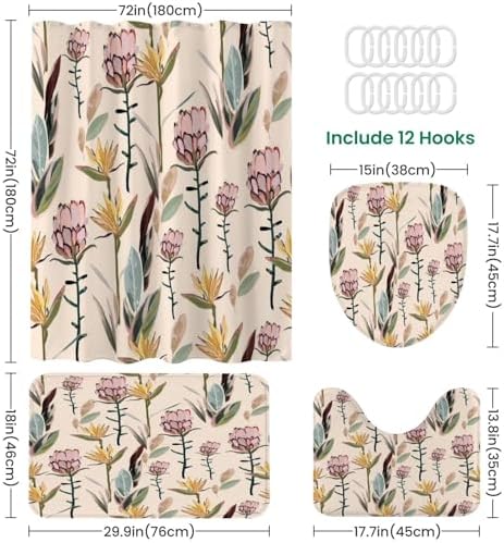 4 Piece Shower Curtain Set with Rugs Mats and Toilet Lid Cover