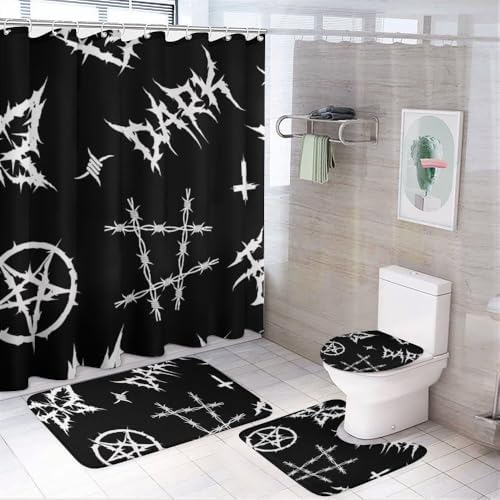 Kuizee 4-Piece Shower Curtain Set with Rugs Grunge Gothic Doodle Style