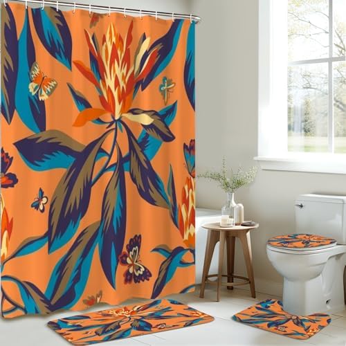 JCOOKLOFTS 4-Piece Shower Curtain Set with Rugs and Toilet Lid Cover