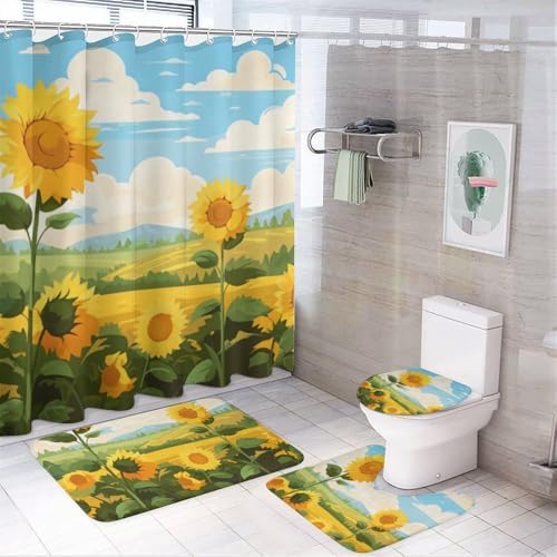 Kuizee 4-Piece Shower Curtain Set with Rugs Sunflower Field