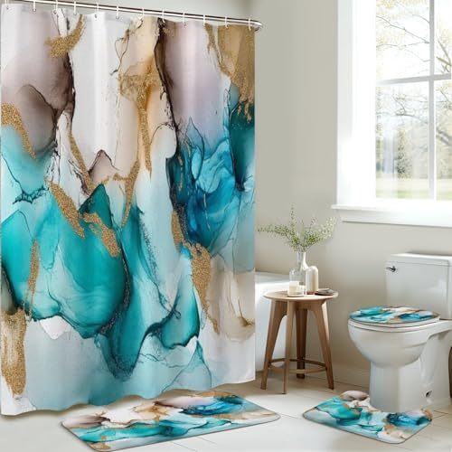 4 Piece Shower Curtain Set with Rugs Mats and Cover