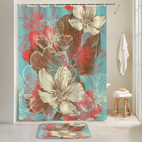 4 Pieces Shower Curtain Set with Non-Slip Rugs