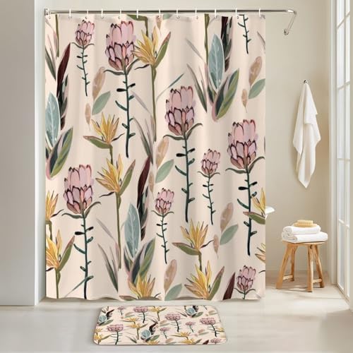 4 Piece Shower Curtain Set with Rugs Mats and Toilet Lid Cover