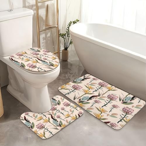 4 Piece Shower Curtain Set with Rugs Mats and Toilet Lid Cover