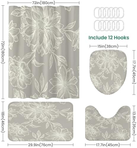 4 Piece Shower Curtain Set with Retro Floral Pattern