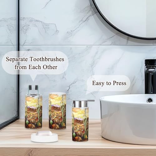 6 Piece Bathroom Accessories Set with Desert Cacti Stained Glass Design