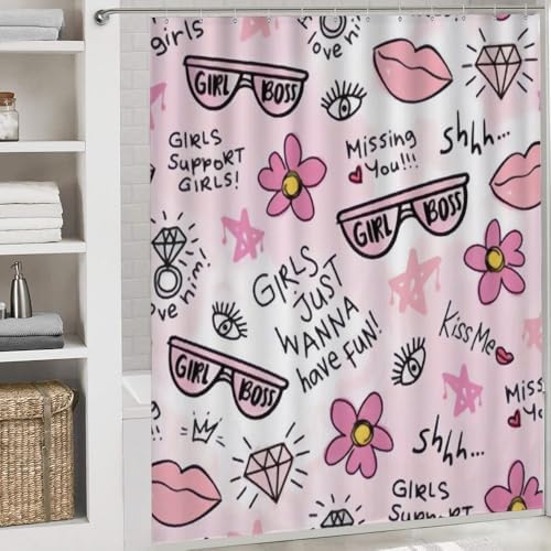 Kuizee 4-Piece Shower Curtain Set with Pink Flower Doodle Rugs